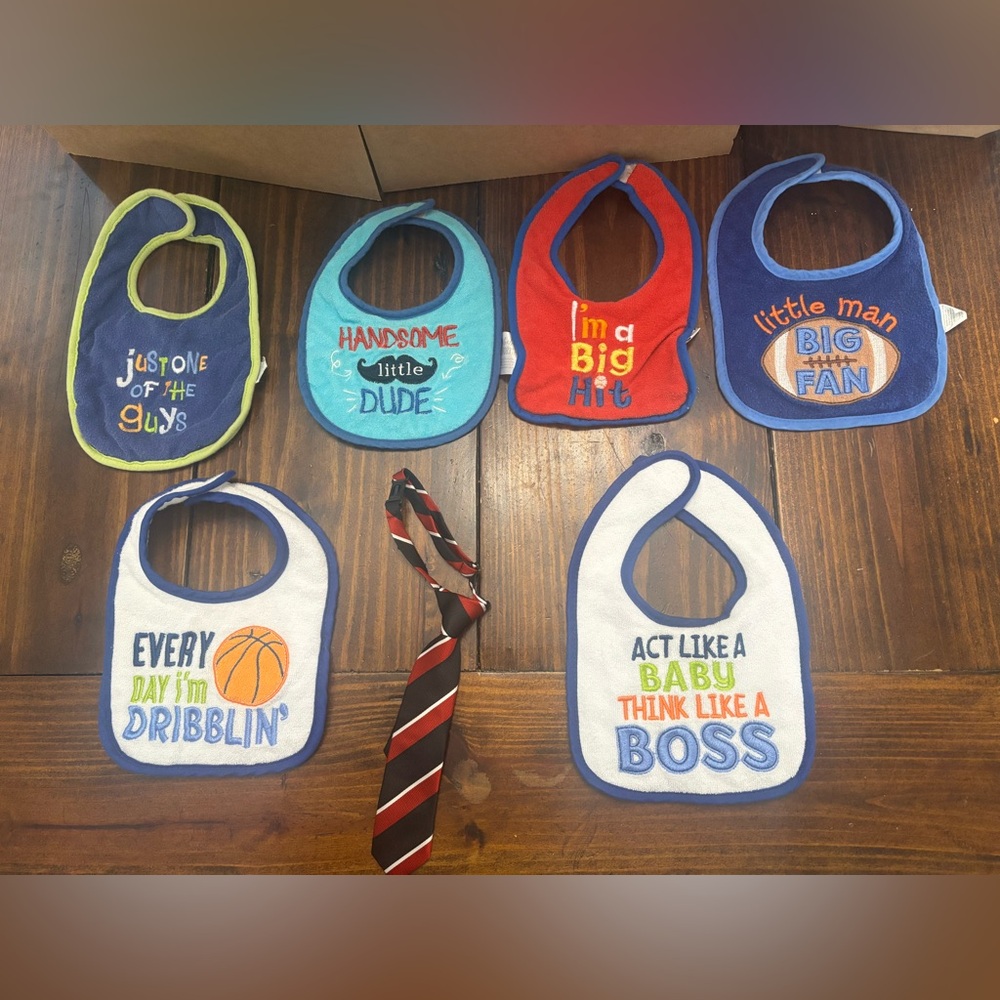 6 Colorful Baby Bib Set with Fun Sayings + a tie